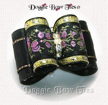 Dog Bow-Full Size,crystal center and gold trim,Black Rose Brocade