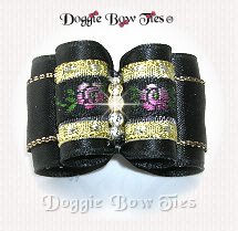 Dog Bow, Full Size, French Brocade Roses, Black Satin/Gold/Soft Pink