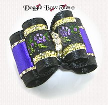 Dog Bow-Full Size, Black Satin with Regal Purple, Floral Brocade