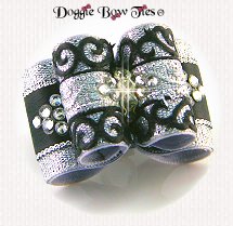 Dog Bow-Full Size, Silver and Black Venetian Lace