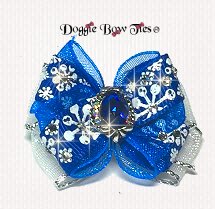 Dog Bow, Christmas Boutique Barrette Bows-Ultra Blue Snowflake