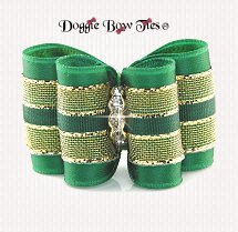 Dog Bow-Full Size, Christmas, Gold mesh, Emerald Green