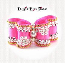 Dog Bow-InBetween Size, Diamond and Pearls, Hot Pink